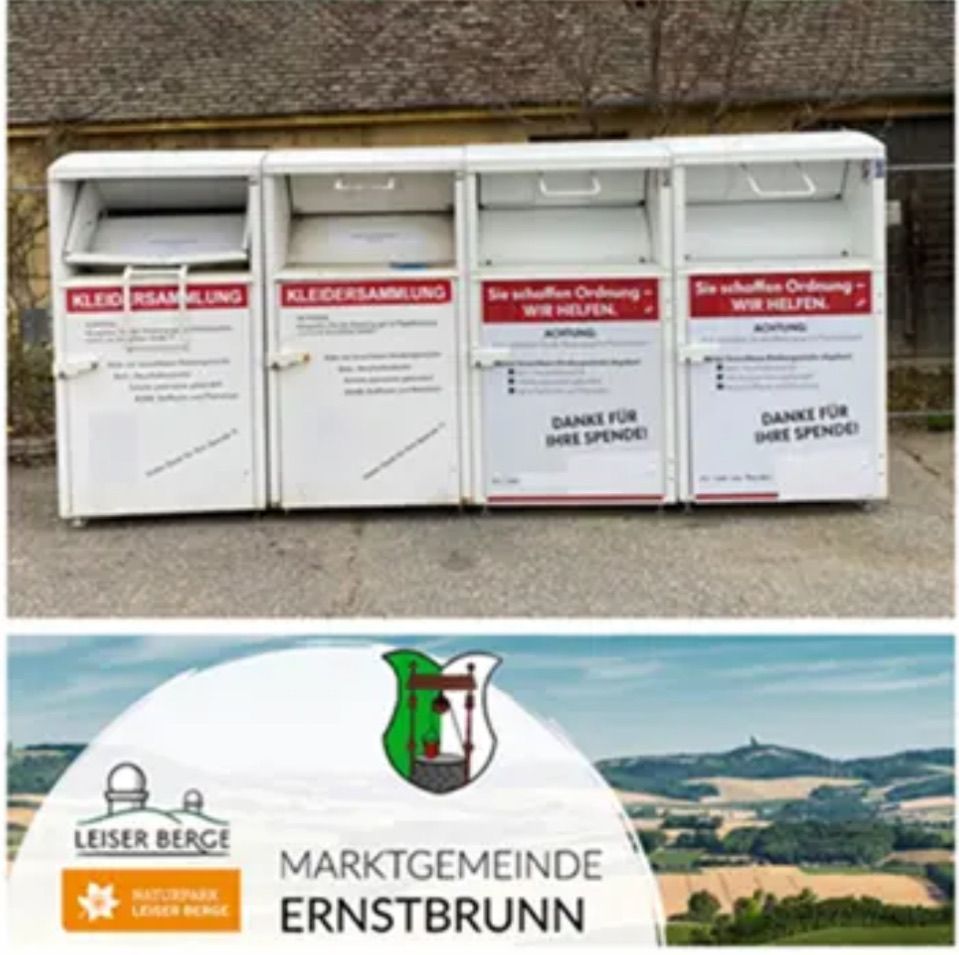 Zwei Bilder eines Kleiderspendenbehälters mit roten Schriftzeichen auf weißem Hintergrund. Unten befindet sich ein weißes Logo mit den Worten 'Marktgemeinde Ernstbrunn'.