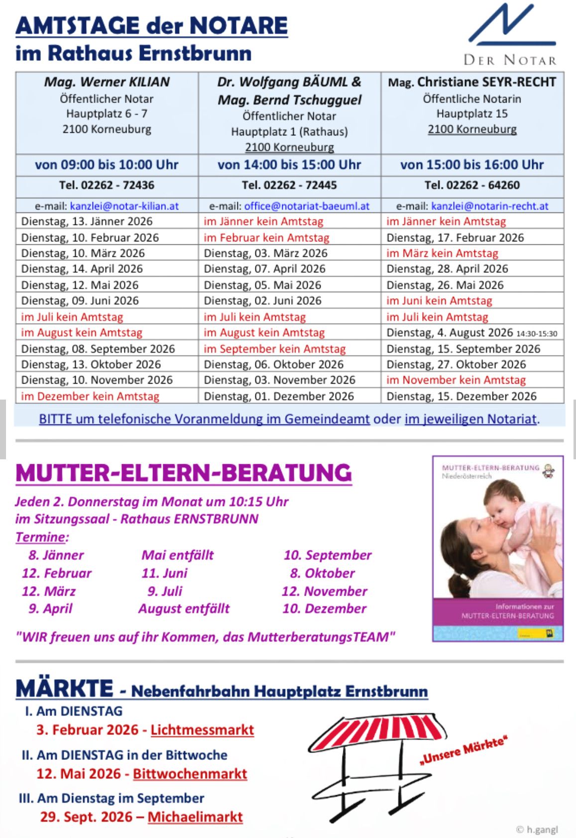 Liste der Notartermine im Jahr 2026 mit Terminen, Uhrzeiten, Orten und Kontaktinformationen. Mutter-Eltern-Beratung am Donnerstag. Markt am Bahnhof Ernstbrunn.