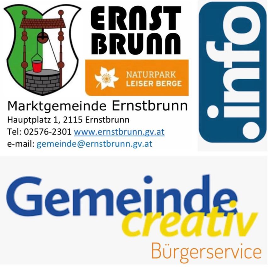 Logo der Marktgemeinde Ernstbrunn mit Brunnen, Telefonnummer, E-Mail und Website. Ein weiteres Logo für den Naturpark Leiser Berge. Blaues Logo für Info. Logo für Gemeinde Creative Burgerservice.
