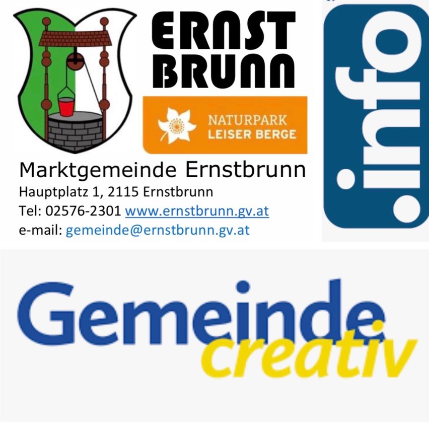 Die Marktgemeinde Ernstbrunn zeigt einen Brunnen, ein Logo von Ernst Brunn und die Webseite www.ernstbrunn.gv.at.