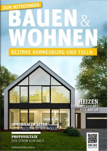 Titelseite einer Zeitschrift mit einem modernen Haus, großen Fenstern, einem QR-Code und dem Titel 'Bauen & Wohnen'. Zusätzlicher Text in Deutsch.