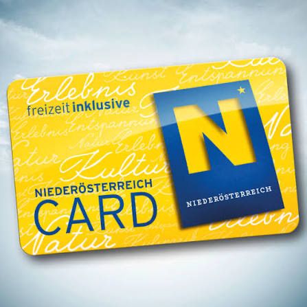 Eine gelbe und blaue Karte mit dem Text 'Card' und 'N' in Blau. Die Karte zeigt 'NIEDEROSSTERREICH' oben, mit 'Kultur' und 'freizeit inklusive' in weißer Schrift. Der Hintergrund ist grau.