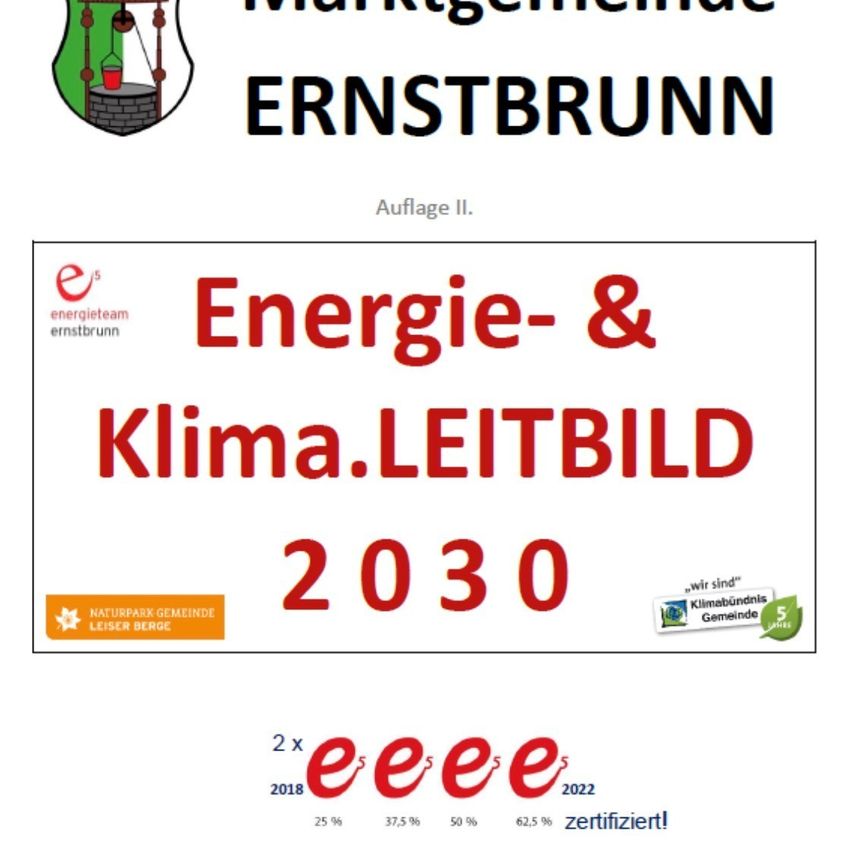 Ein Energie- und Klimabericht für Ernstbrunn, 2030. Es zeigt einen Brunnen mit einem Eimer oben und dem Gemeindenamen darüber. Der Bericht enthält Energie- und Klimabilder für 2030.