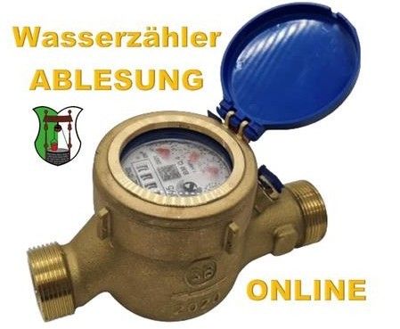 Ein Bild eines Messingwasserzählers wird angezeigt. Er ist mit 'ONLINE' und 'Wasserzähler ABLESUNG' beschriftet. Der Zähler ist geöffnet und zeigt das Ziffernblatt.