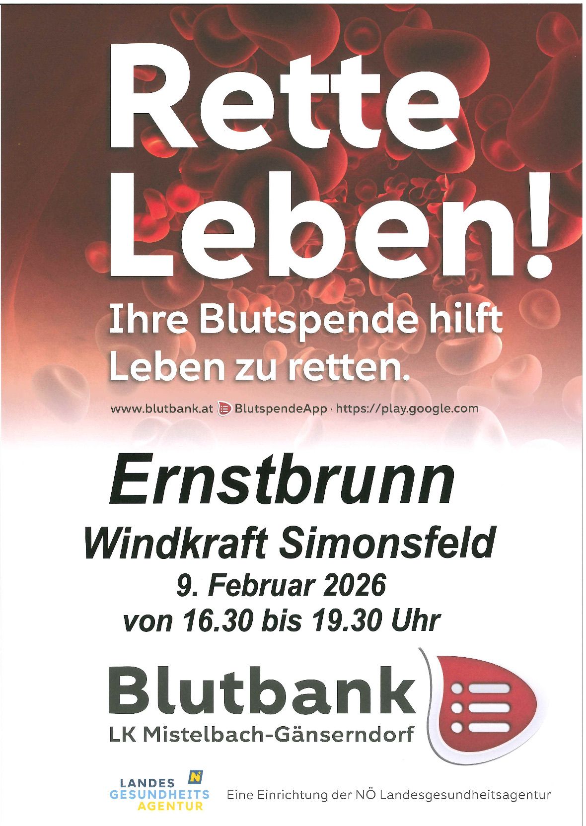 Werbeposter für eine Blutspendeveranstaltung in Simonsfeld, Deutschland. Datum der Veranstaltung: 9. Februar 2026, von 16:30 bis 19:30 Uhr. Webseite: www.blutbank.at. App: BlutspendeApp. Ort: Windkraft Simonsfeld.