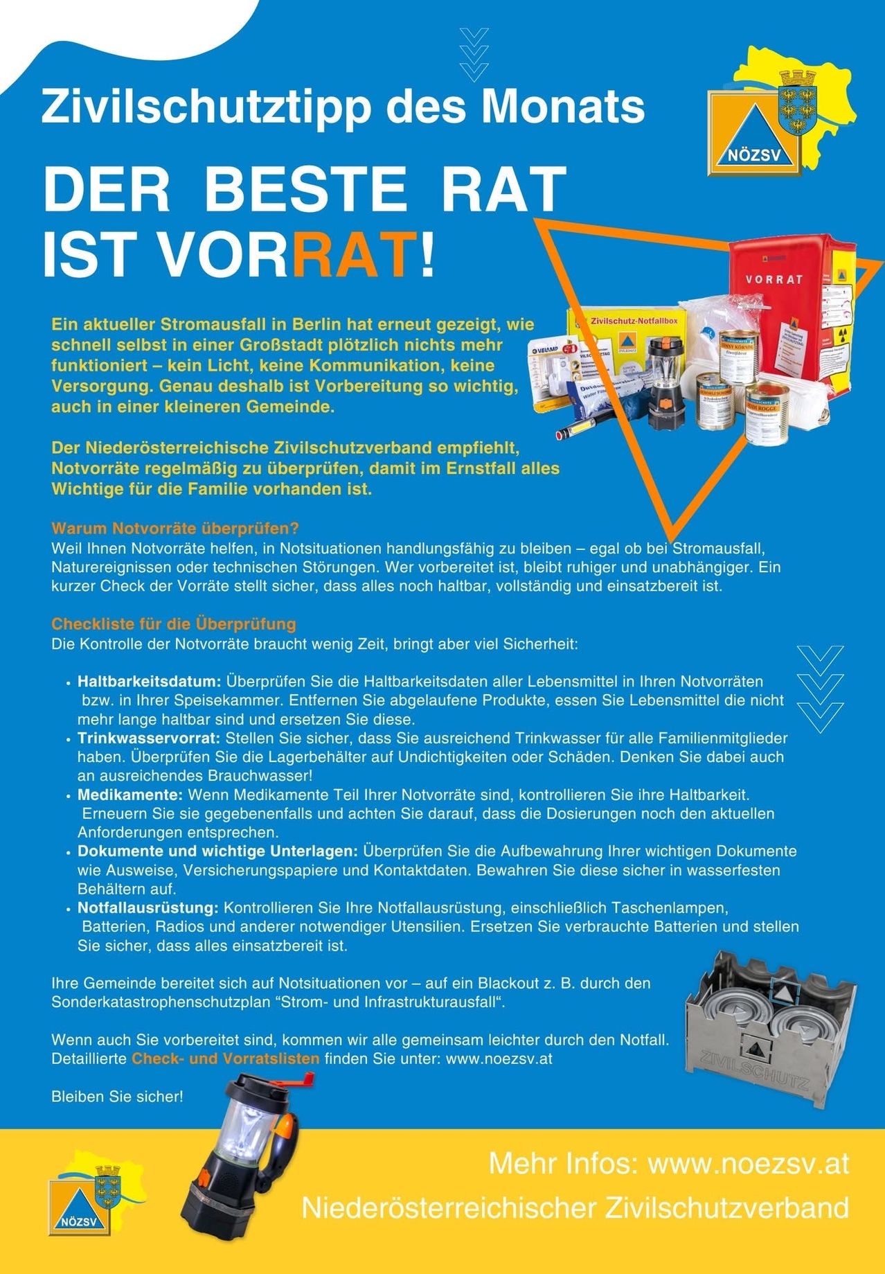 Das Bild zeigt eine Checkliste für Notfallvorsorge, die die Bedeutung von Vorräten für Notfälle hervorhebt. Es listet Gegenstände wie Lebensmittel, Wasser, Medikamente, wichtige Dokumente und Notfallausrüstung auf. Das Bild ist blau und weiß, mit Symbolen und Text, der den Zweck jedes Gegenstands erklärt.