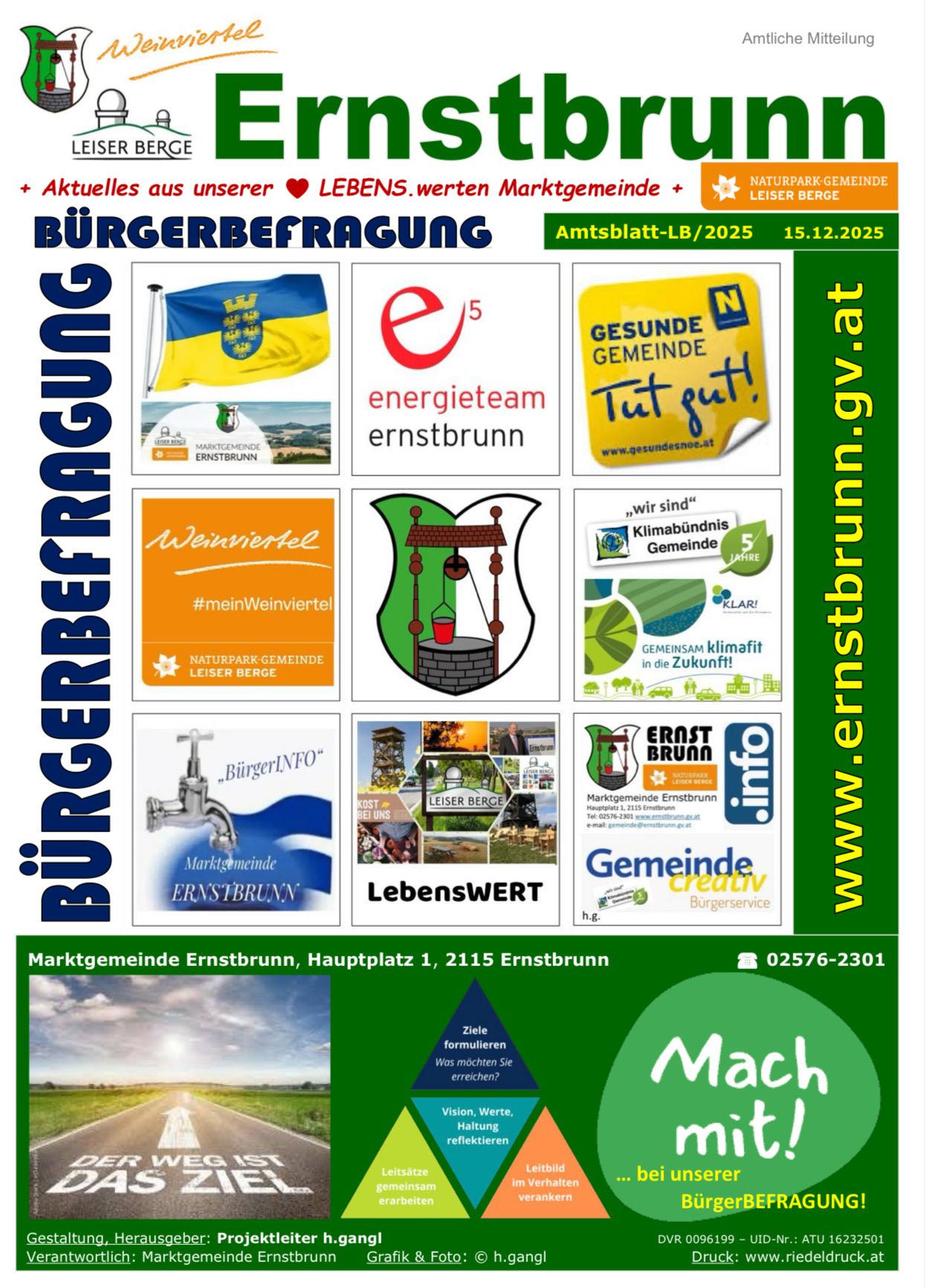 Ein Flyer der Ernstbrunn Marktgemeinde zeigt Logos, eine ukrainische Flagge und Text über eine gesunde Gemeinde. Es enthält auch Informationen über die Ernstbrunn Marktgemeinde und lokale Unternehmen.