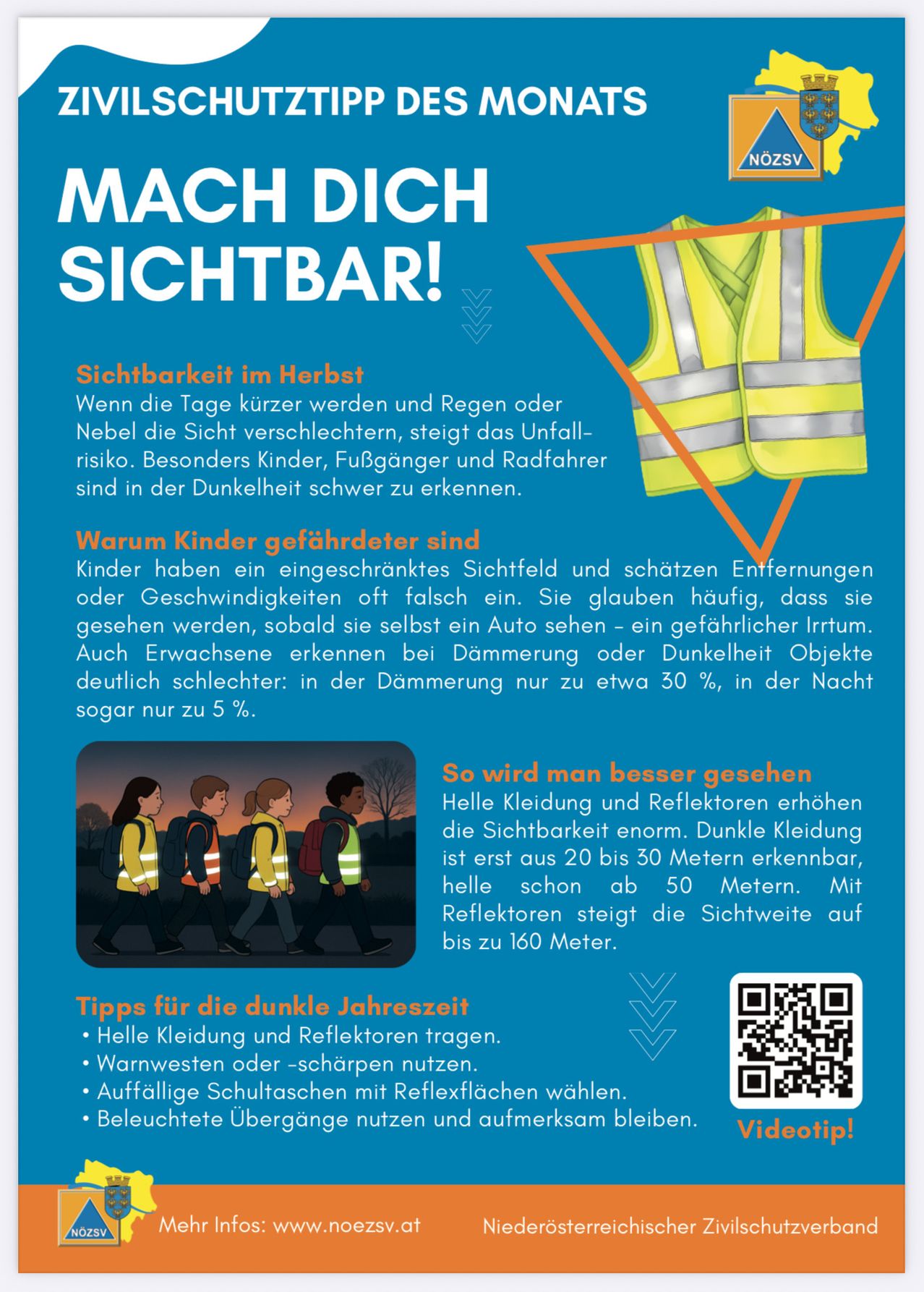 Ein Werbeplakat für Sichtbarkeit im Dunkeln. Es betont die Bedeutung der Sichtbarkeit bei kürzeren Tagen und schlechtem Wetter, besonders für Kinder, Fußgänger und Radfahrer. Es hebt hervor, dass Kinder Entfernungen und Geschwindigkeiten falsch einschätzen. Helle Kleidung und Reflektoren erhöhen die Sichtbarkeit, wobei Reflektoren sie bis auf 160 Meter verbessern. Tipps umfassen das Tragen von heller Kleidung, Reflektoren und reflektierenden Rucksäcken.