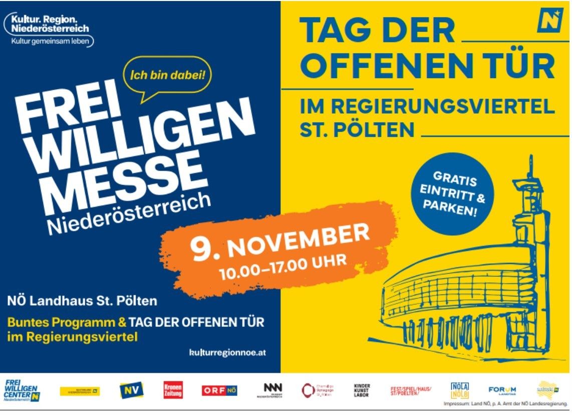 Plakat für das Tag der offenen Tür am 9. November in St. Pölten von 10 bis 17 Uhr mit kostenlosem Eintritt und Parken. Mit Logos verschiedener Sponsoren und einer Illustration des Veranstaltungsortes.