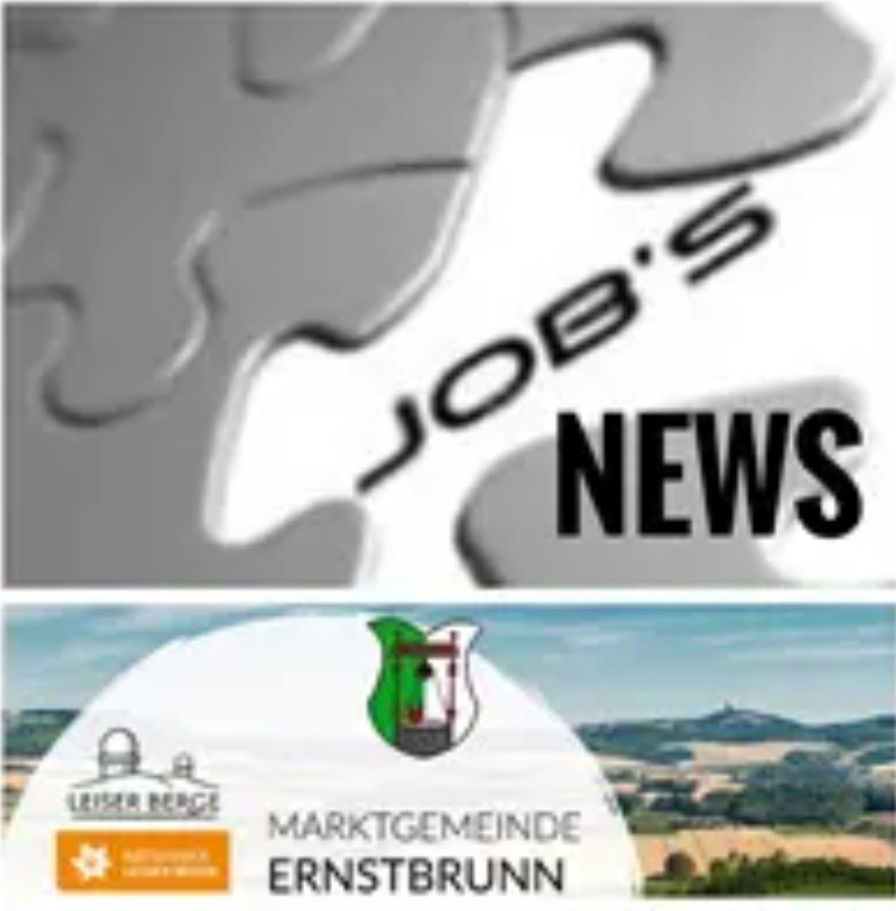 Das Bild zeigt ein Puzzleteil mit dem Wort 'JOB'S' und dem Wort 'NEWS' auf der rechten Seite. Darunter ist ein Logo mit einem Kran und einem Haus. Unten steht der Text 'MARKTGEMEINDE ERNSTBRUNN'.