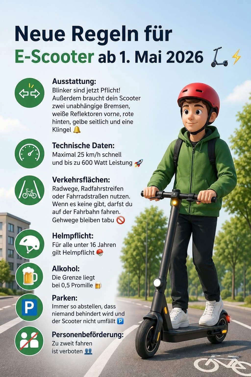 Ein Rollerfahrer in einem grünen Hoodie mit einem roten Helm ist auf einem Pfad. Maximale Geschwindigkeit 25 km/h, bis zu 600W, Helmpflicht unter 16, Alkoholgrenze 0,5%, sicher parken.