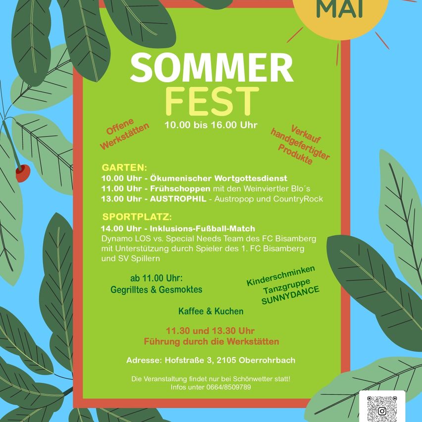 Das Sommer Fest beinhaltet einen ökologischen Gottesdienst um 10:00, einen Obstmarkt um 11:00 und Musik von Austrophil um 13:00. Es gibt ein Fußballspiel um 14:00 und Erfrischungen um 11:00. Workshops für Kinder um 11:30 und 13:30. Adresse: Hofstrasse 3, 2105 Oberrohrbach. Veranstaltung nur bei schönem Wetter.