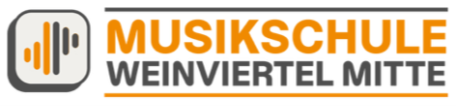 Das Logo der Musikschule in Weinviertel Mitte zeigt ein Symbol einer Schallwelle und Text in Orange und Grau.