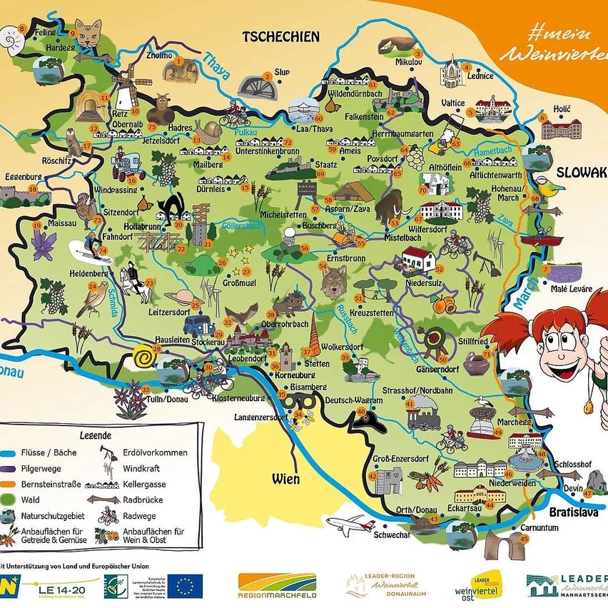 Karte von Niederösterreich mit hervorgehobenen Wanderwegen, Touristenattraktionen und Regionen. Beinhaltet Symbole für Strände, Wälder und andere Naturmerkmale. Wahrzeichen wie Burgen und Windmühlen sind abgebildet.