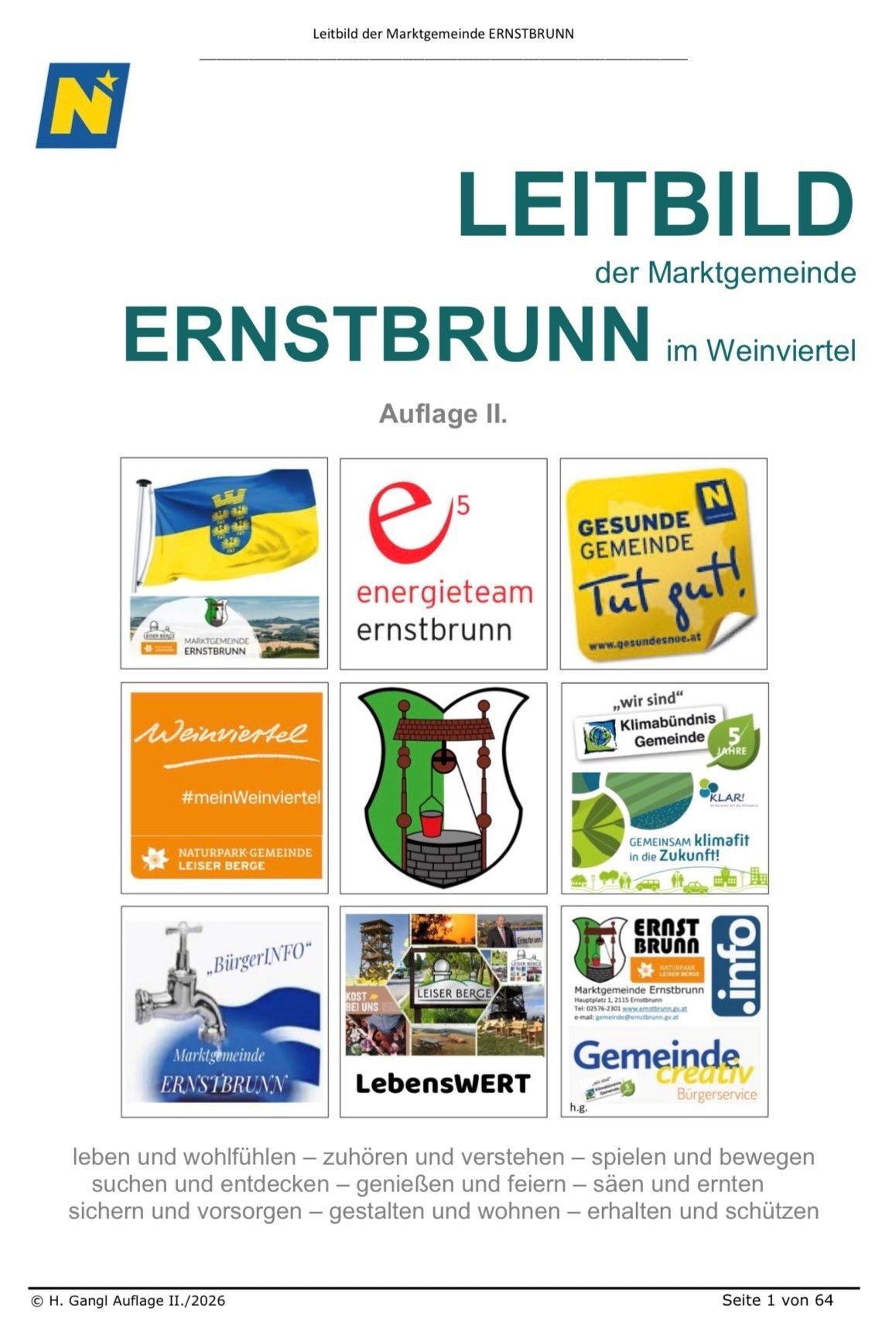Plakat für die zweite Auflage von Ernstbrunn mit verschiedenen Logos und Symbolen, darunter energyteam ernstbrunn, eine Flagge und ein Gesundheitssticker der Gemeinde. Andere Logos sind 'Weinviertel', 'Lebenswert' und 'Burgerservice'.