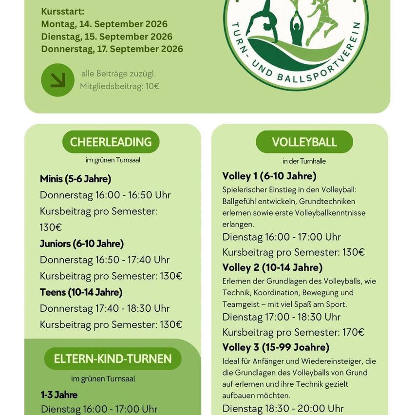 Poster with schedule for cheerleading and volleyball courses for various age groups. Minis, Juniors, and Teens have specific time slots and fees. Volleyball courses are for beginners and advanced players.