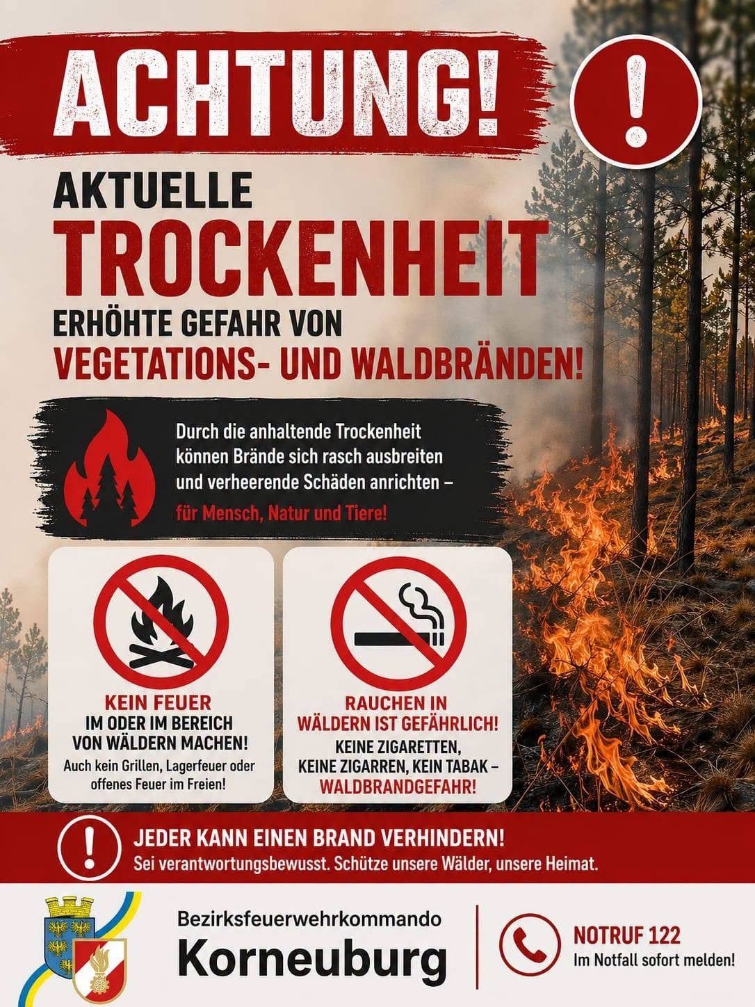 Ein Plakat warnt vor erhöhter Gefahr von Vegetations- und Waldbränden aufgrund anhaltender Trockenheit. Es rät davon ab, in Wäldern Feuer zu machen oder zu rauchen. Es zeigt ein Feuersymbol und ein Rauchverbotsschild.