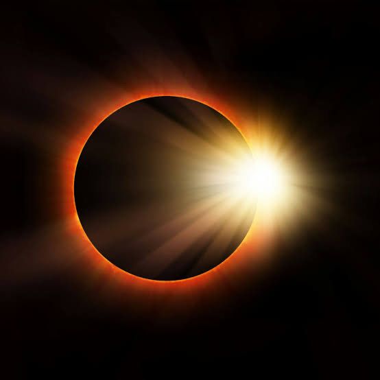 Eine Sonnenfinsternis wird dargestellt, wobei der Mond die Sonne bedeckt und einen Schatten auf die Erde wirft.