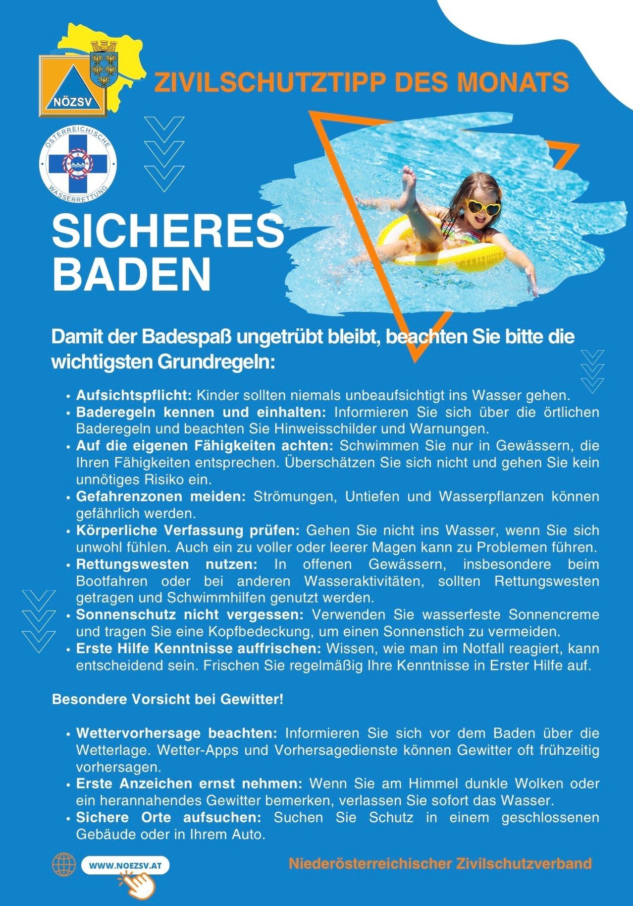 Plakat zur Förderung des sicheren Schwimmens. Betont die Bedeutung von Aufsicht, Kenntnis und Einhaltung der Poolregeln, Einschätzung der eigenen Schwimmfähigkeiten, Vermeidung von Gefahren, Überprüfung des körperlichen Zustands vor dem Schwimmen, Verwendung von Schwimmwesten, Auftragen von Sonnencreme und Bereitschaft mit Erste-Hilfe-Wissen.