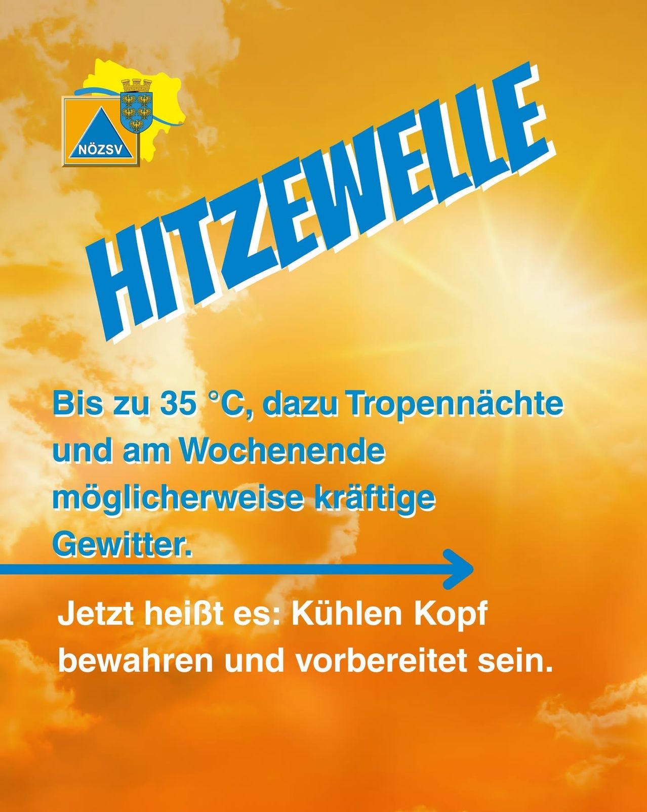 Hitzewelle-Poster mit gelben und blauen Farben. Es warnt vor Temperaturen bis zu 35°C, regennächten und möglicherweise starken Gewittern am Wochenende. Es rät, Kopf kühl zu halten, bedeckt und vorbereitet zu sein.