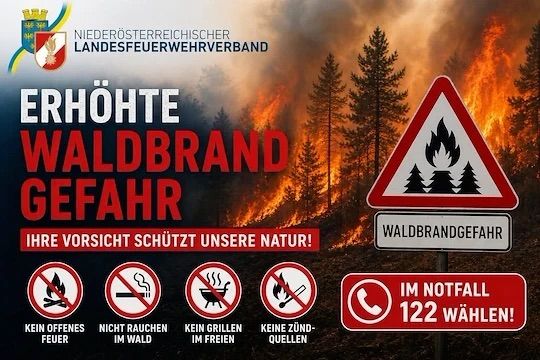 Waldbrandwarnschild mit brennenden Bäumen und Notrufnummer 122. Verbotene Zeichen umfassen offenes Feuer, Rauchen, Grillen und Entzündungsquellen.