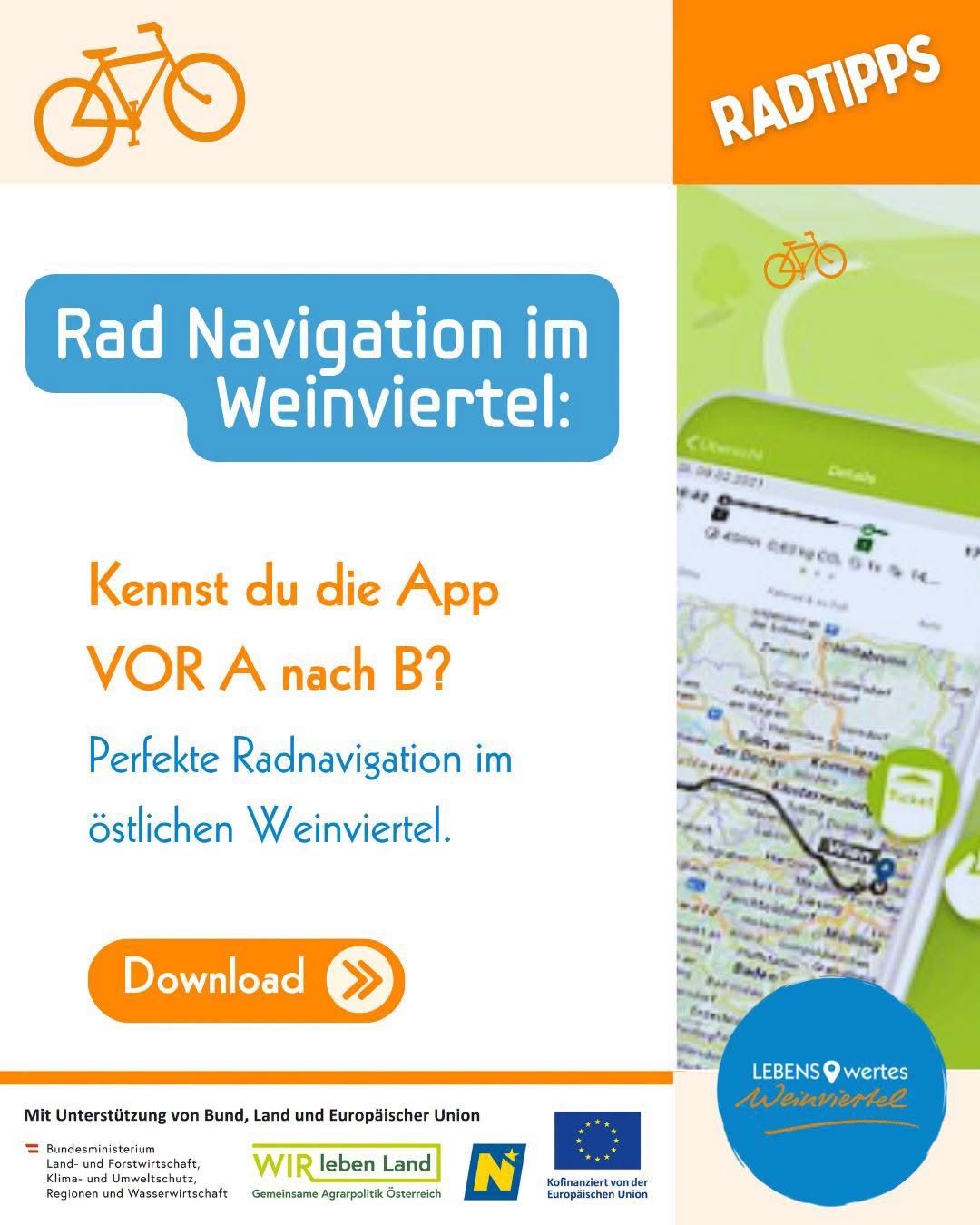 Werbung für eine Fahrradnavigations-App. Zeigt eine Karte mit Fahrradwegen und fordert zum Herunterladen der App auf. Der Text lautet Rad Navigation im Weinviertel und Perfekte Radnavigation im stlichen Weinviertel.