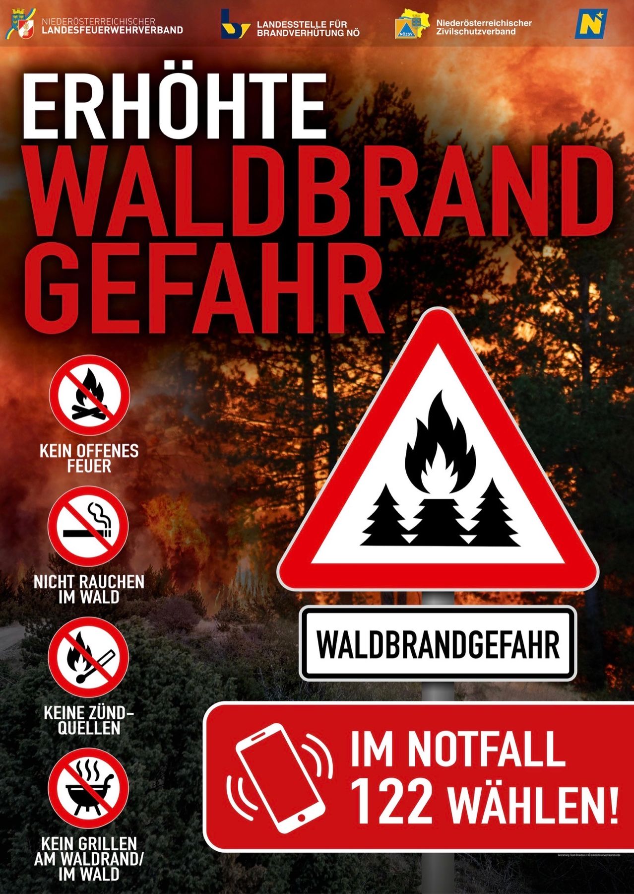 Ein Schild weist auf die Gefahr von Waldbränden hin mit Symbolen für kein offenes Feuer, kein Rauchen und keine Zündquellen. Es enthält auch Notfallkontaktinformationen.