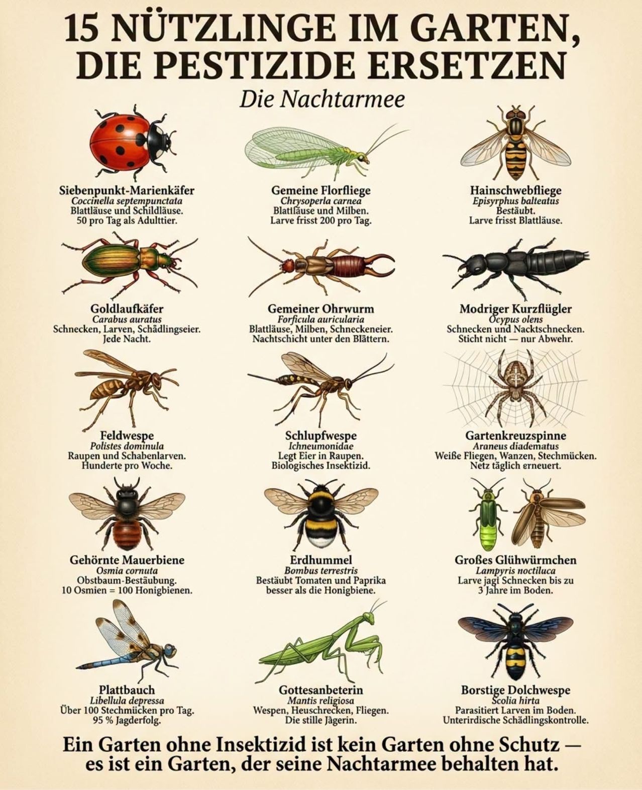An infographic showing various nocturnal insects with their scientific names and brief descriptions. The insects include ladybugs, green flies, and others. Each insect is accompanied by its common name, scientific name, and a short description of its behavior or lifecycle.