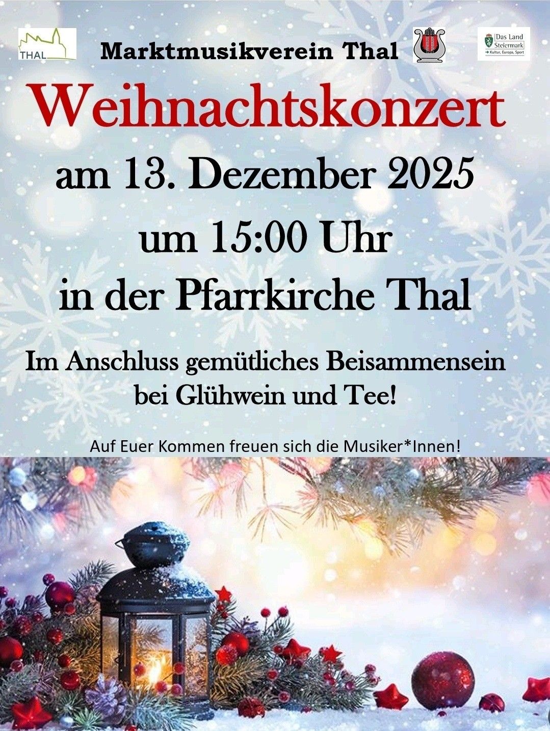 Plakat für ein Weihnachtskonzert am 13. Dezember 2025 um 15:00 Uhr in der Pfarrkirche Thal. Zeigt eine Laterne und Winterdekoration.