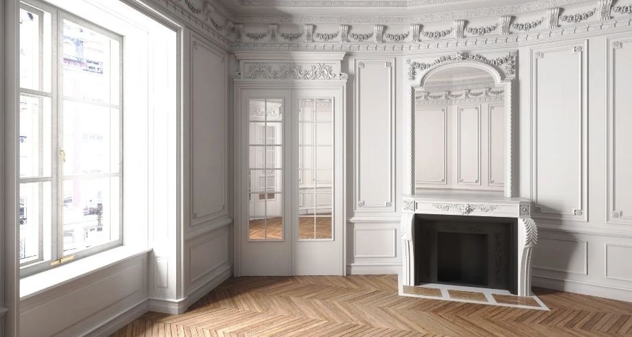 Bild enthält, Indoors, Interior Design, Fireplace, French Window, Window, Floor, Door, Wood Panels