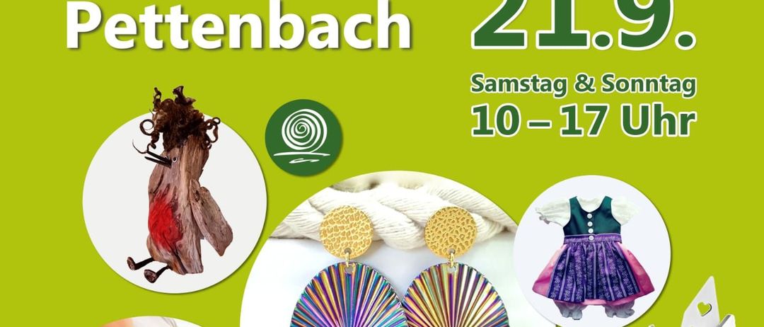 Plakat für den Benedikti-Markt in Pettenbach. Es zeigt verschiedene zum Verkauf stehende Artikel und die Daten 20. und 21. September. Es enthält auch einen Zeitplan für Samstag und Sonntag von 10 Uhr bis 17 Uhr.