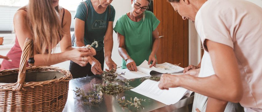 Fünf Frauen stehen um einen Tisch mit Blumen und Papieren. Sie scheinen etwas zu besprechen, während sie die Blumen und Papiere auf dem Tisch betrachten.