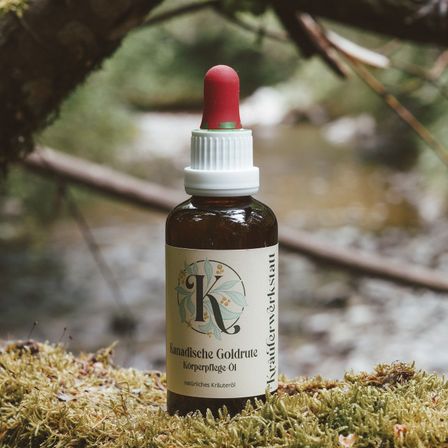 Eine Flasche Kanadische Goldrute Körperpflege Öl, ein natürliches Pflegeöl, ruht auf Moos neben einem Bach. Das Etikett zeigt ein stilisiertes 'K' in einem grünen Kreis.