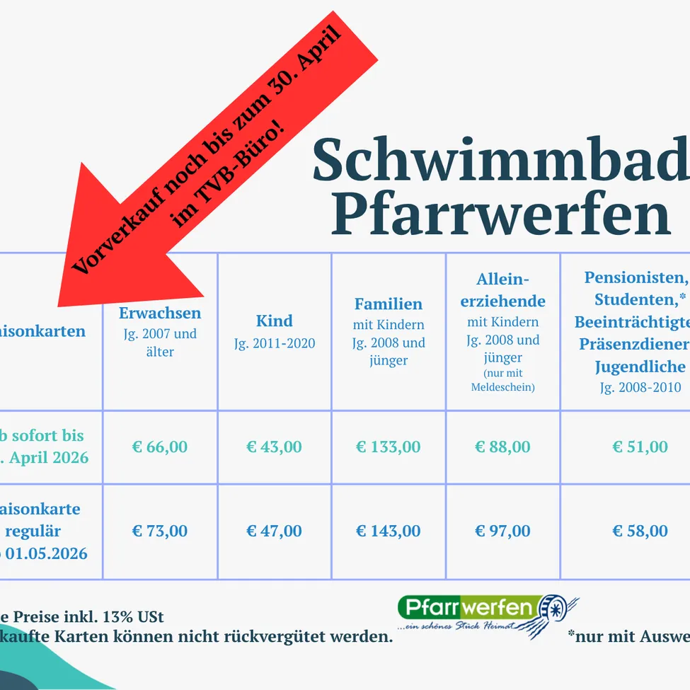 Das Bild zeigt eine Preistabelle für Schwimmbadpässe in Pfarrwerfen. Die Tabelle enthält verschiedene Kategorien von Personen, einschließlich Erwachsene, Kinder, Familien, alleinerziehende Eltern, Studenten, Rentner und behinderte Jugendliche. Die Preise variieren je nach Alter, mit regulären und Vorverkaufsoptionen. Die Preise beinhalten 13% MwSt., und gekaufte Tickets können nicht erstattet werden.