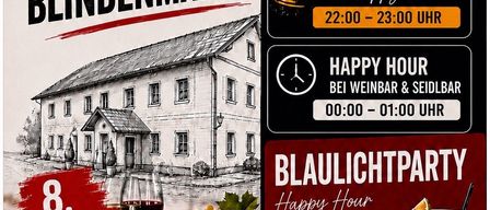 Eine Werbung für eine deutsche Veranstaltung mit einem Haus, Weingläsern und einer blauen Licht. Die Veranstaltung umfasst einen Heuriger, eine Seidl Bar und eine Blaulichtparty. Happy Hours sind zu verschiedenen Zeiten geplant.