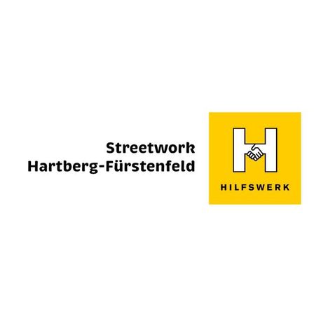 Ein gelbes Logo mit den Buchstaben H in der Mitte und dem Text Streetwork Hartberg-Furstenfeld darunter. Das Logo ist auf einem weißen Hintergrund.