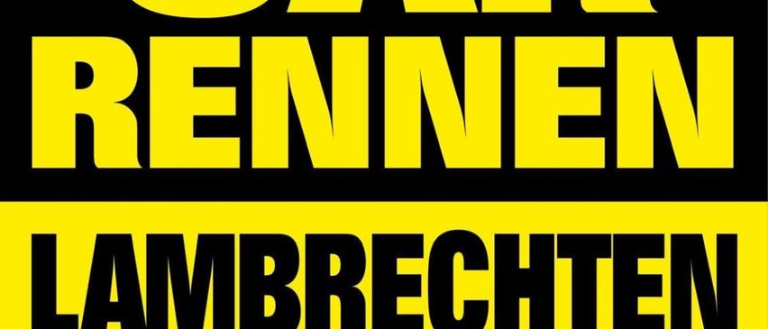 Ein Plakat in Gelb und Schwarz bewirbt ein Autorennen in Lambrechten am Pfingstsonntag, 8. Juni.