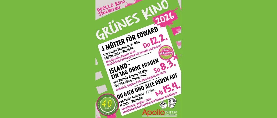 Plakat für Apollo Kino Stockerau, 40. Jubiläum. Grüner Hintergrund mit vier Filmdetails. Englischer und deutscher Text.