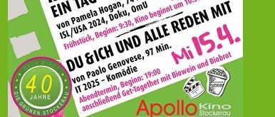 Ein Plakat für das Apollo Kino Stockerau. Es zeigt eine Liste kommender Filme mit Titeln, Daten und Zeiten. Der Hintergrund ist grün.
