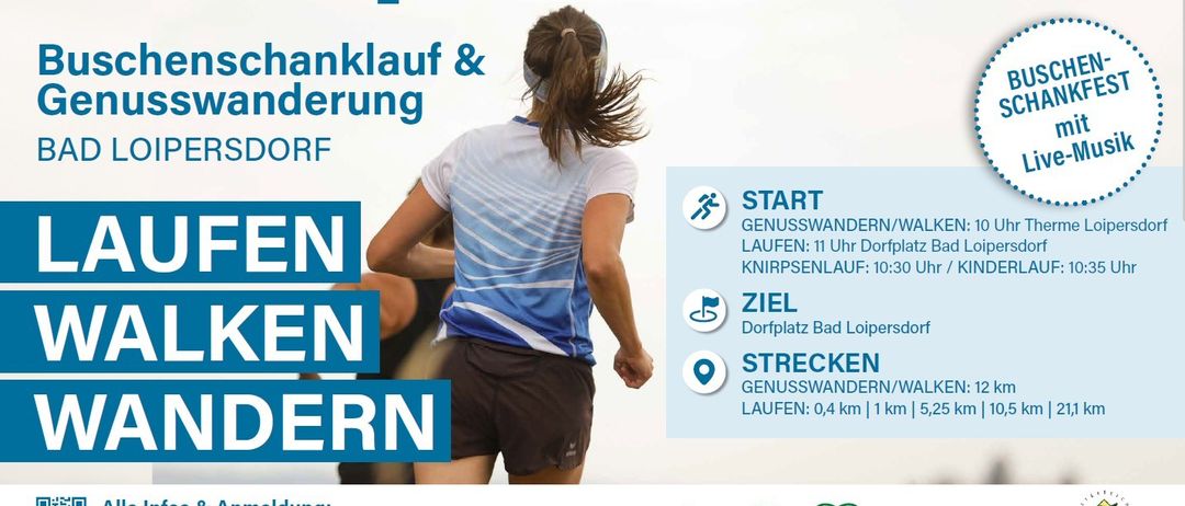Plakat für einen Laufevent im September mit einer Frau, die läuft. Die Veranstaltung umfasst einen 0,4 km, 1 km und 5 km Lauf. Beginnt am Genußwandern/Wandern Laufplatz um 11 Uhr und Knirpsenlauf um 10:30 Uhr. Ziel ist Dorfplatz Bad Loipersdorf.