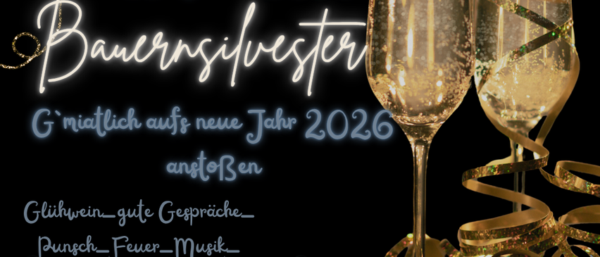 Plakat für eine bayerische Silvesterfeier im Waggon Wirtshaus mit Gläsern, Feuerwerk und Dekorationen. Veranstaltung am 30. Dez. um 18:00 Uhr.