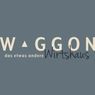 Ein dunkelblauer Hintergrund zeigt das WAGON-Logo in Weiß. Das Wort 'Wagon' ist in großen Buchstaben, darunter steht 'Wirtshaus' in kleineren, kursiven Buchstaben. Unten steht der Satz 'das etwas andere' in Weiß.