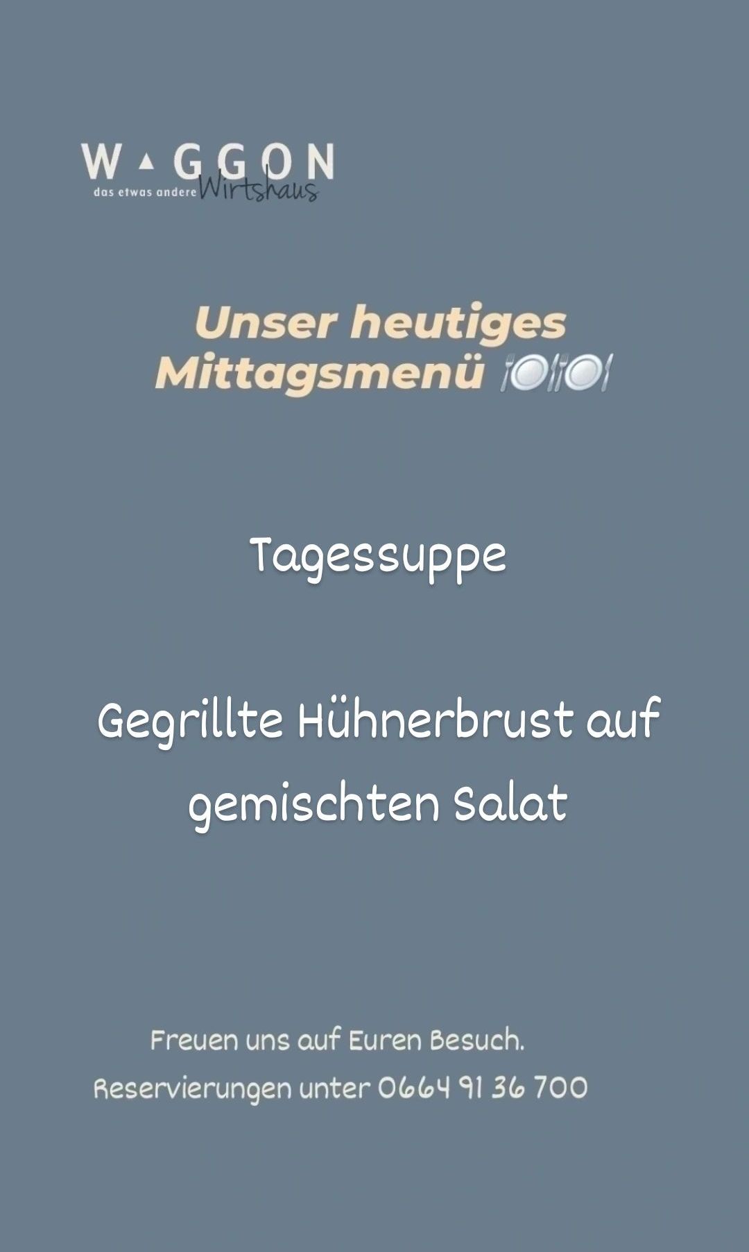 The menu features a grilled chicken breast served with a mixed salad. The menu is presented on a gray background with white text.