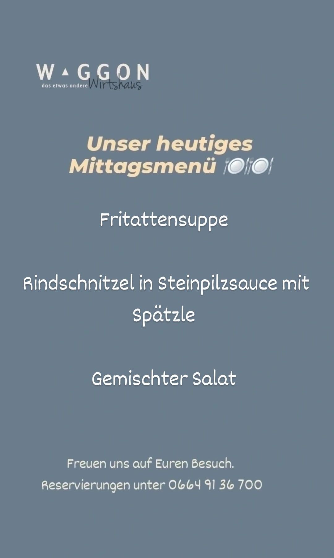 Das Bild zeigt ein Menü mit zwei Gerichten: Rinderschnitzel in Steinpilzsauce mit Spätzle und gemischter Salat. Das Menü ist auf einem blauen Hintergrund präsentiert.