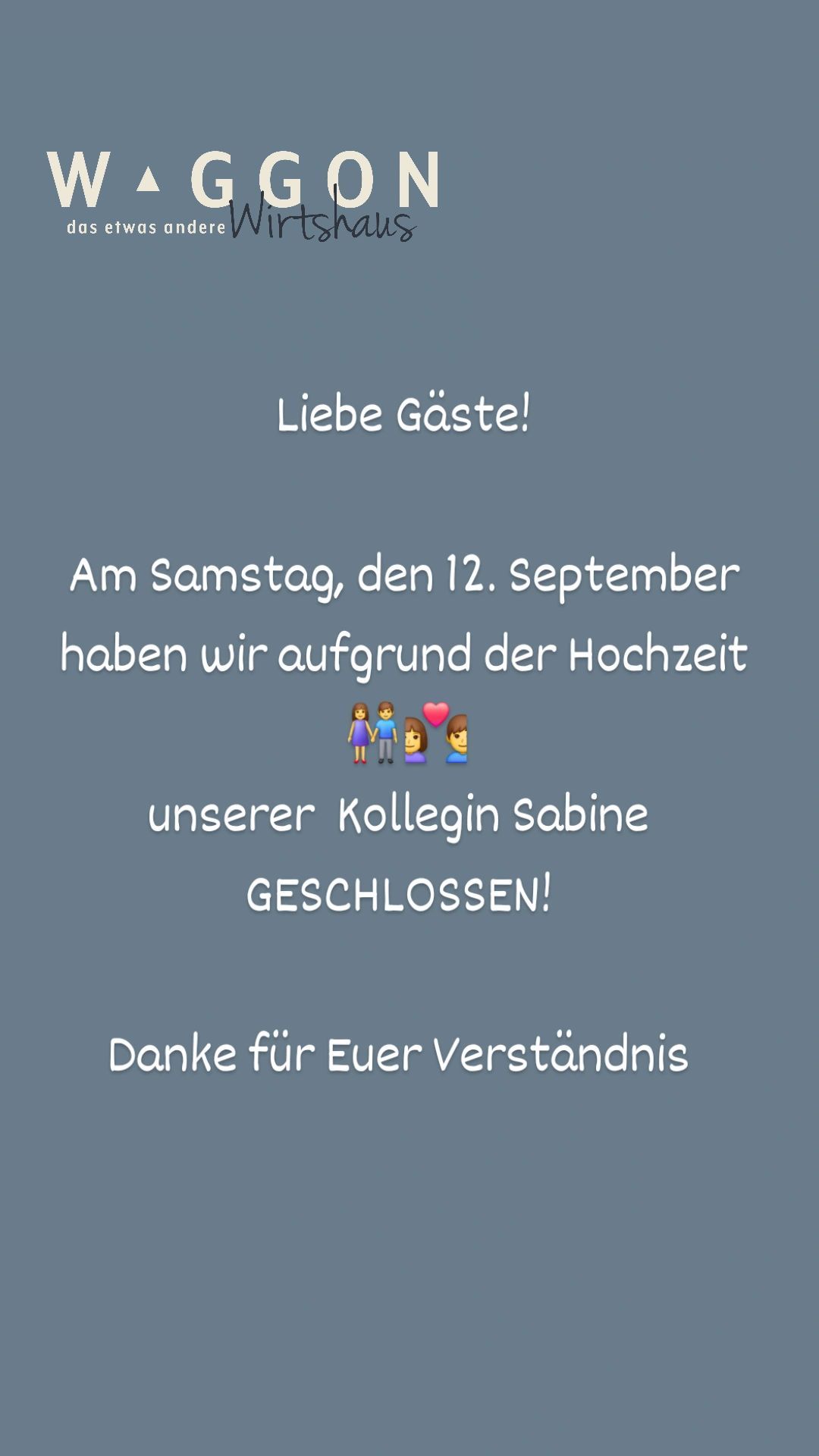 A blue background with white text announces a closed event on September 12th due to the wedding of a colleague named Sabine. The message includes a heart emoji and a group of emojis.