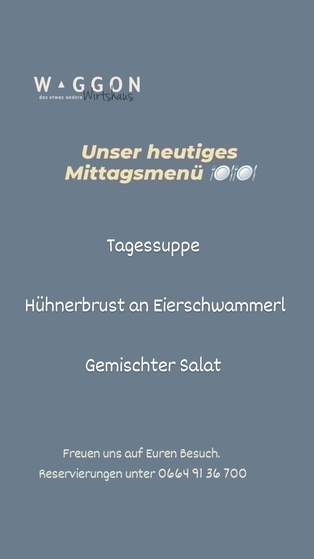Heutiges Mittagsmenü: Hühnerbrust mit Eierschwammerl und gemischter Salat. Der Text ist auf Deutsch.