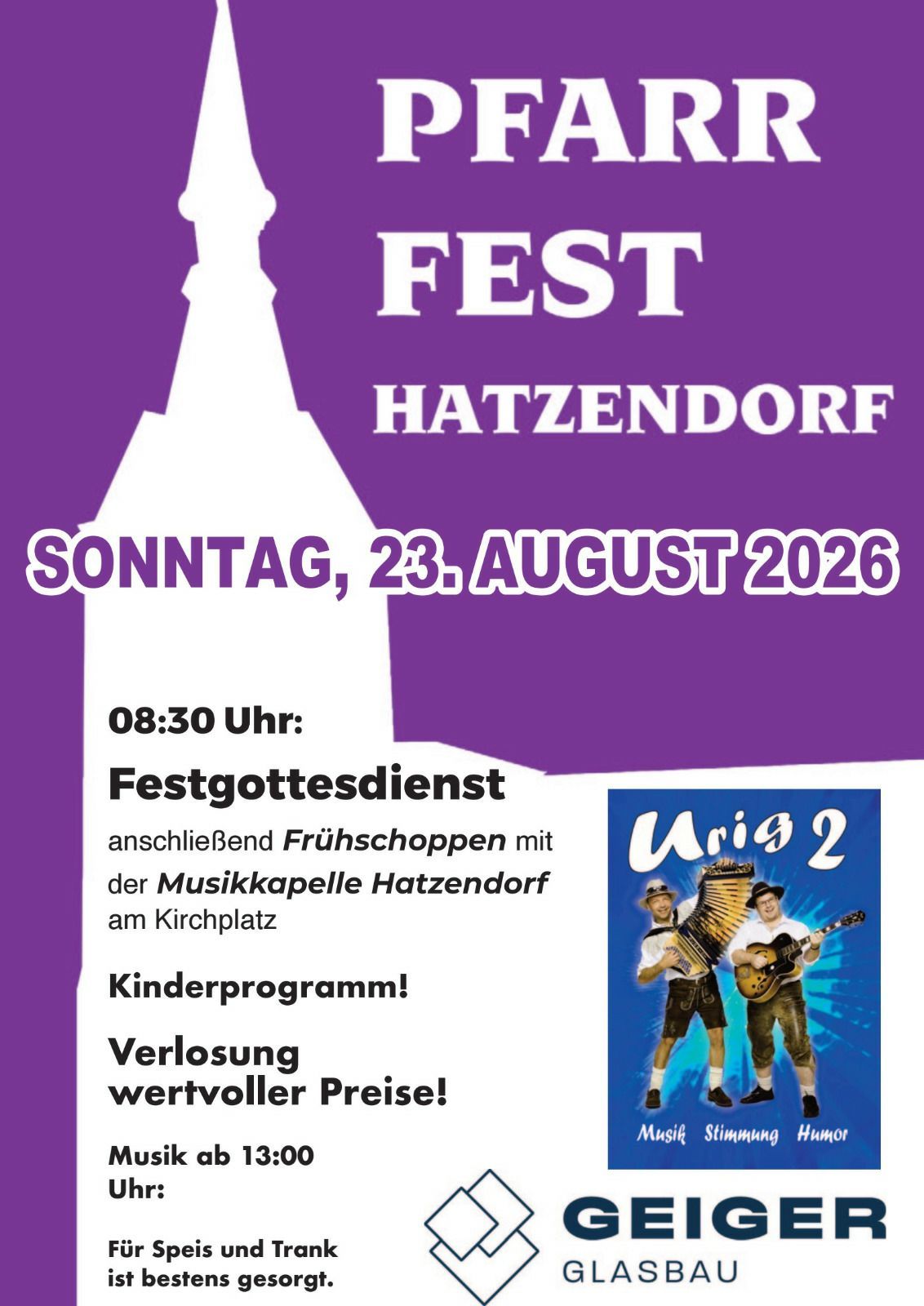 Poster for the Fest Hatzendorf event on August 23, 2026, featuring a church silhouette, a church square image, and two men playing instruments.