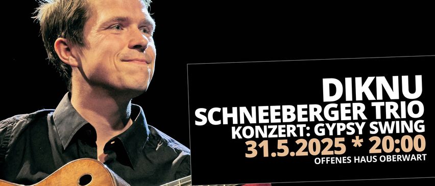 Ein Mann in einem schwarzen Hemd spielt Gitarre. Das Bild zeigt einen schwarzen Hintergrund mit weißem Text, der 'Schneeberg Konzert: Gy 31.5.202' lautet.