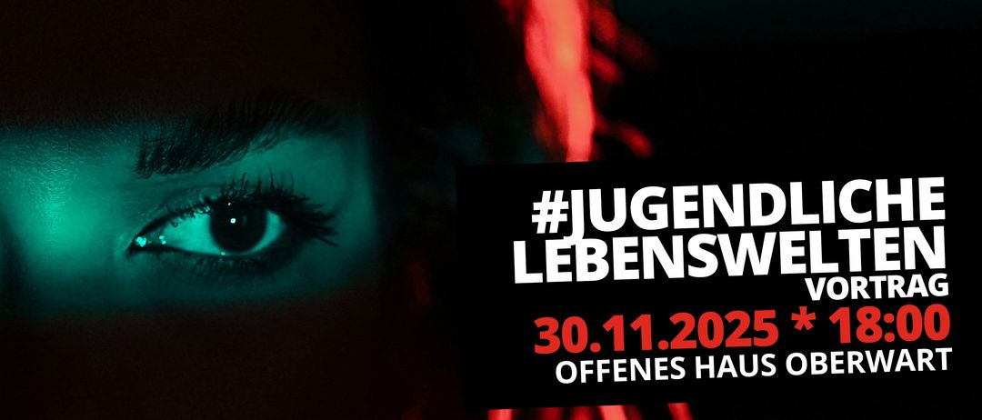 Ein Nahaufnahme eines Augens mit grünem Lichtreflex, schwarzem Hintergrund mit weißem Text '#JUGENLEBENS' und '30.11.2022' und einem roten Farbton auf der rechten Seite.