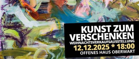 Ein abstraktes Gemälde mit leuchtenden Farben, überlagert von einem schwarzen Rechteck mit weißem Text, der 'KUNS', 'WEIHNACHTSVERKAU' und '12.12.202 OFFENES HA' liest.